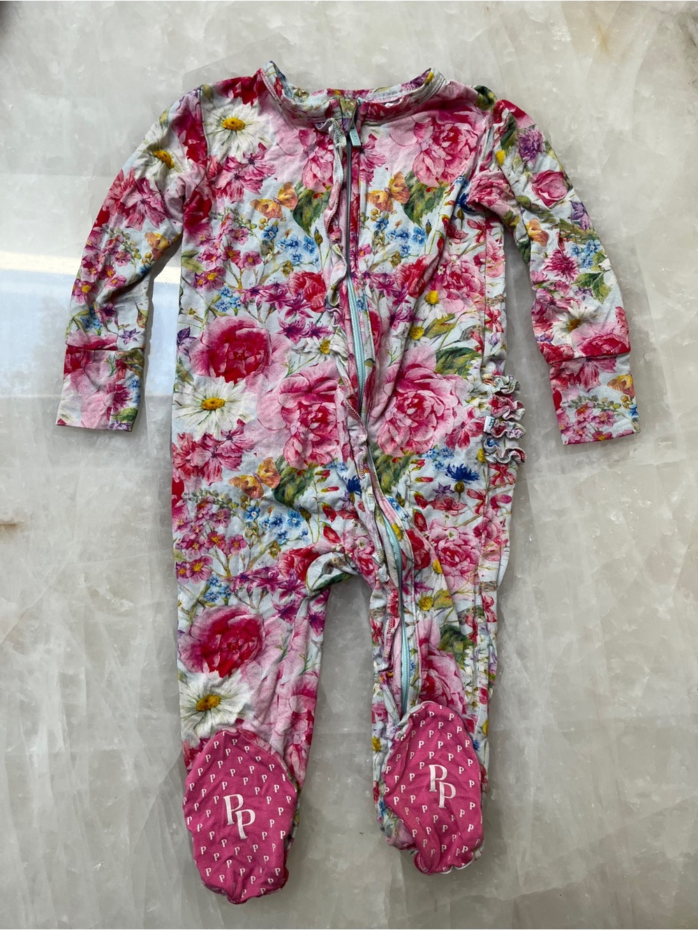 Posh Peanut Pink Floral Ruffle Footed One-Piece